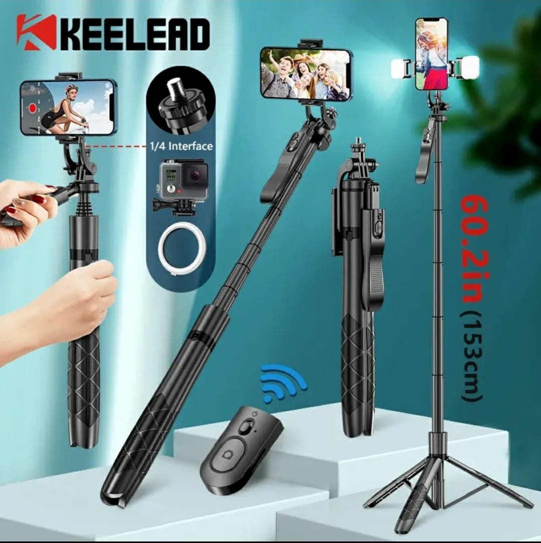 {K-28}Long Video Stand Cum Selfie Stick Tripod with Remote - 360° - Tripod &Ring Light | Sync & Switch