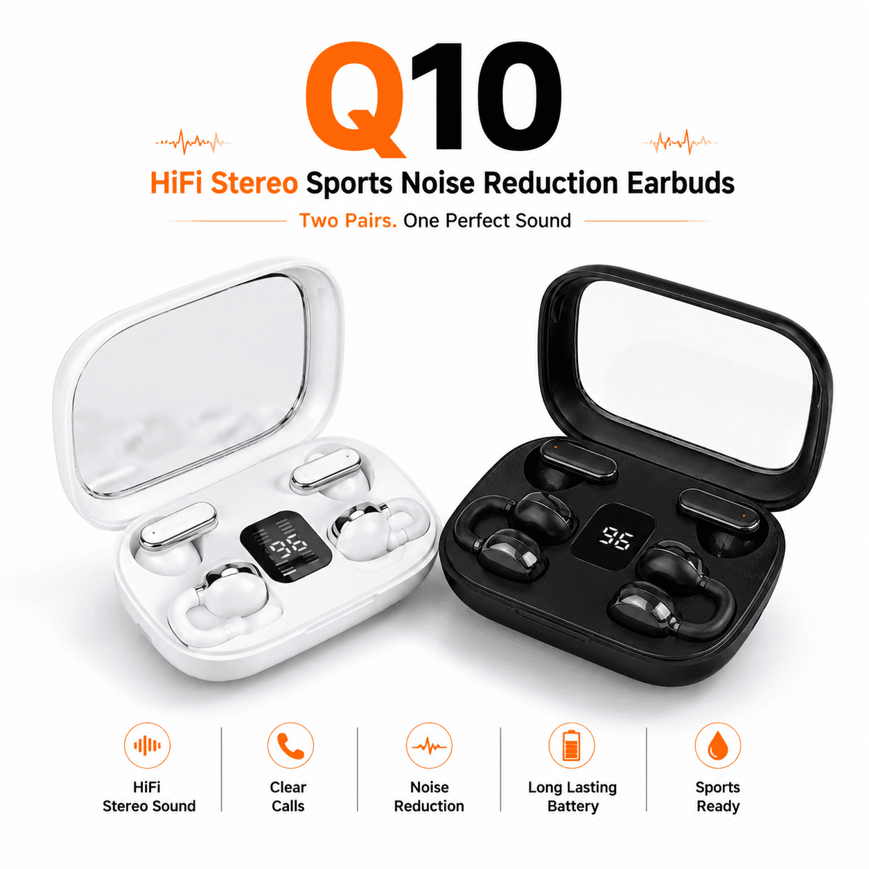 Q10 HiFi Stereo Sports Wireless Earbuds (2 Pairs) – 4-in-1 Combo Set - Earbuds | Sync & Switch